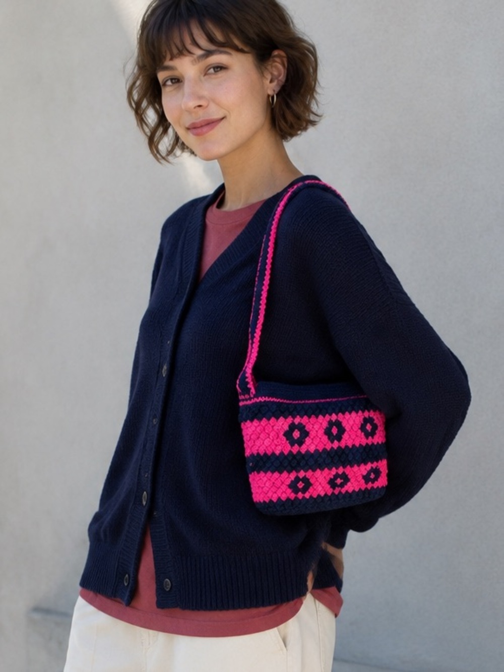 Vintage Knitility Crochet Shoulder Bag Hot Pink Navy Structured Purse